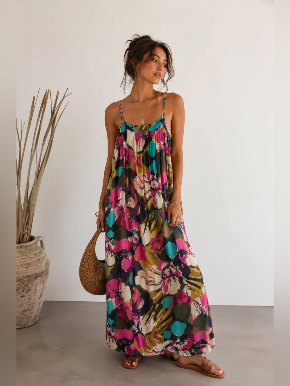 LASCANA Blue Pink Abstract Floral Maxi Dress Spaghetti Strap 100% Viscose (US 2) - Picture 1 of 9